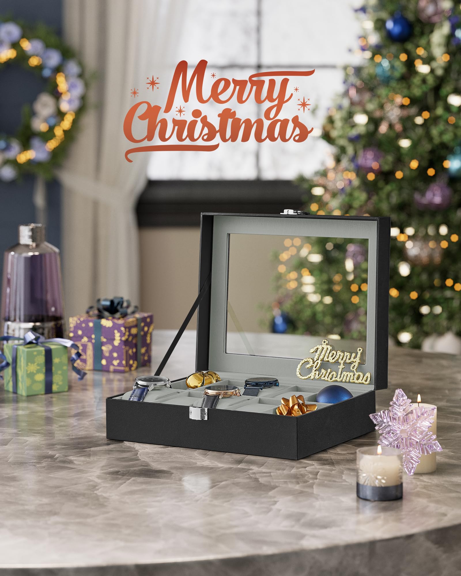 SONGMICS Watch Box, 10-Slot Watch Case Organizer with Large Glass Lid, Removable Pillows, Christmas Gift, Black Synthetic Leather, Gray Lining UJWB010BK