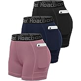 Roadbox Women's Volleyball Compression Shorts with Pockets, 3 Pack Spandex Workout Athletic Shorts for Running Gym Yoga
