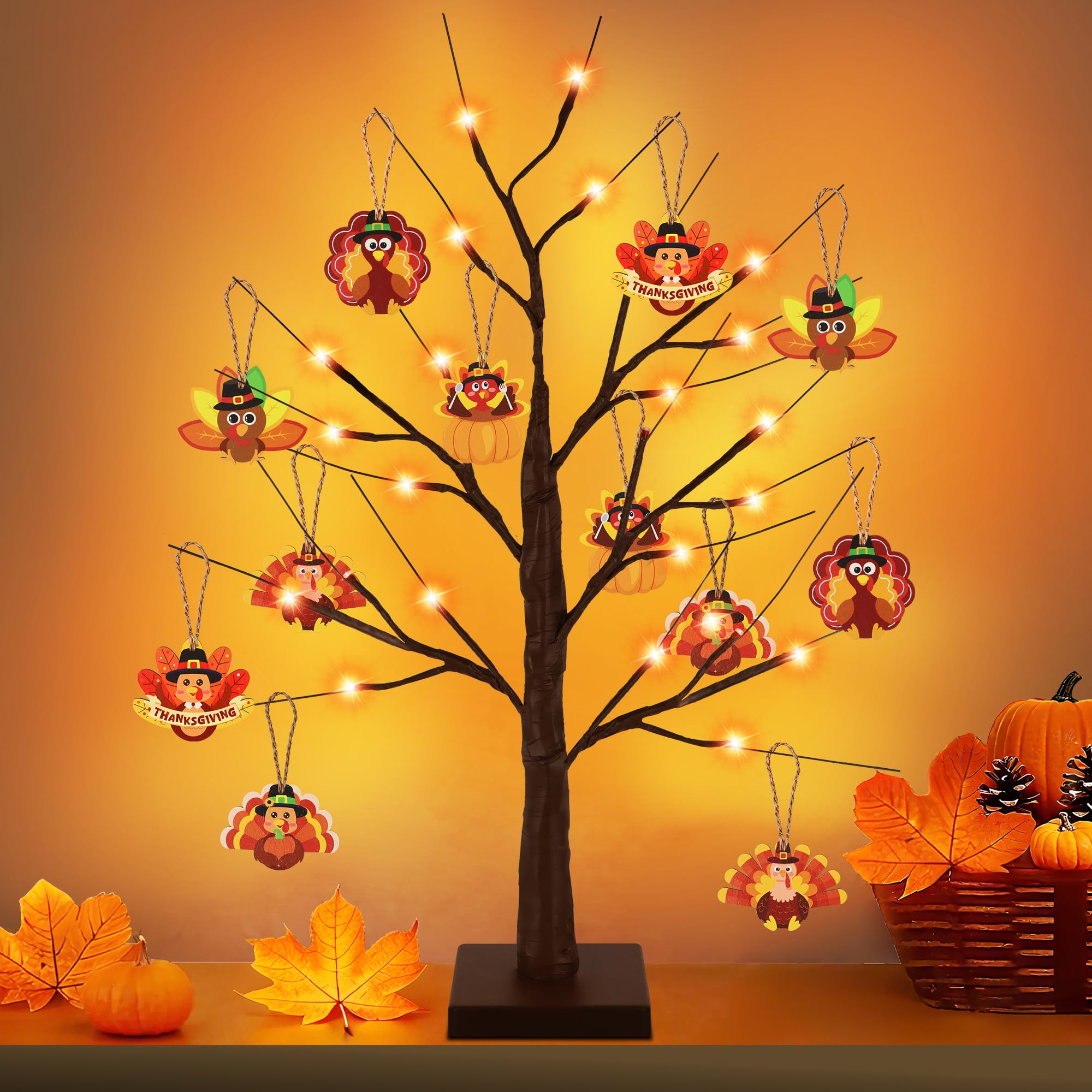 Photo 1 of [Timer] Thanksgiving Decorations Indoor, 24 Inch Thanksgiving Birch Tree with 24 Orange Lights & 12 Turkey Decor, USB & Battery Operated Table Decorations Indoor Home Party Decor Room