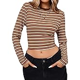 Milumia Women's Retro Fitted Long Sleeve Striped T Shirt Colorful Ribbed Crew Neck Fall Crop Top
