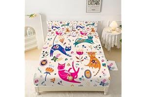 EDGZKO Cat Sheet Set Twin: Cute Cats Bed Sheets Twin Size for Girls Kids Teens Toddler Kawaii Cartoon Floral Print 3 Piece Bedding Sets 1 Fitted Sheet & 1 Flat Sheet & 1 Pillowcase