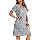 ENJOYNIGHT Womens Nightgown Cotton Short Sleeve Sleepwear V-Neck Casual Print Sleepshirt With Pockets