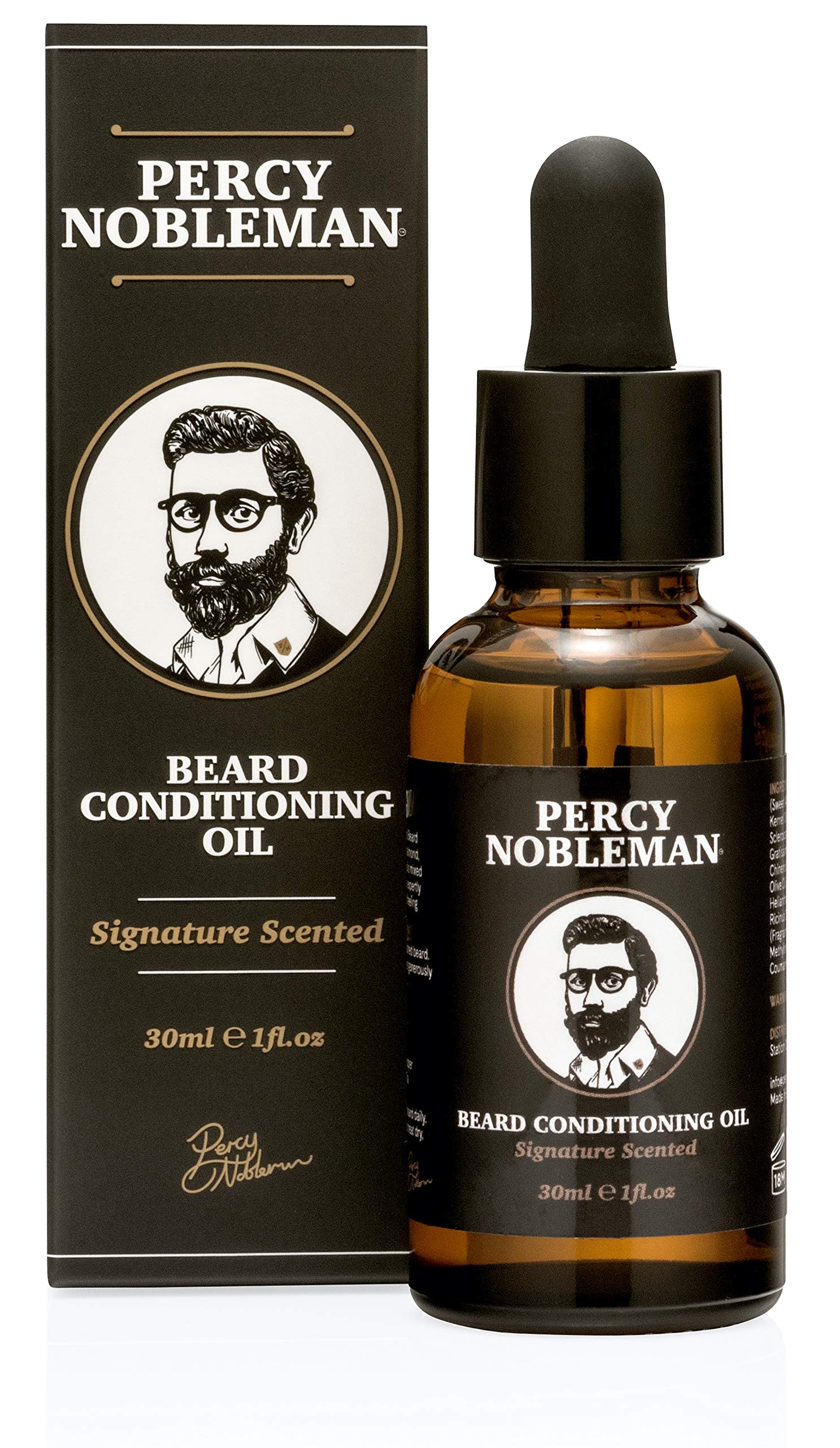 Percy Nobleman Beard Oil – 99 % Natural Conditioning & Grooming Oil – Argan, Jojoba, Avocado, Almond & Marula Oils – Vanille Musk Scent – Softens, Nourishes & Tames Coarse Beards (30 ml)