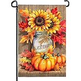 Dacawin Fall Garden Flags Thanskgiving Sunflower Pumpkin Printing Garden Flag Welcome Autmn Maple Leaves Yard Flag for Outside Mason Jar Pattern Double Side Floral House Flag Decor Standard Size 12×18 Inch
