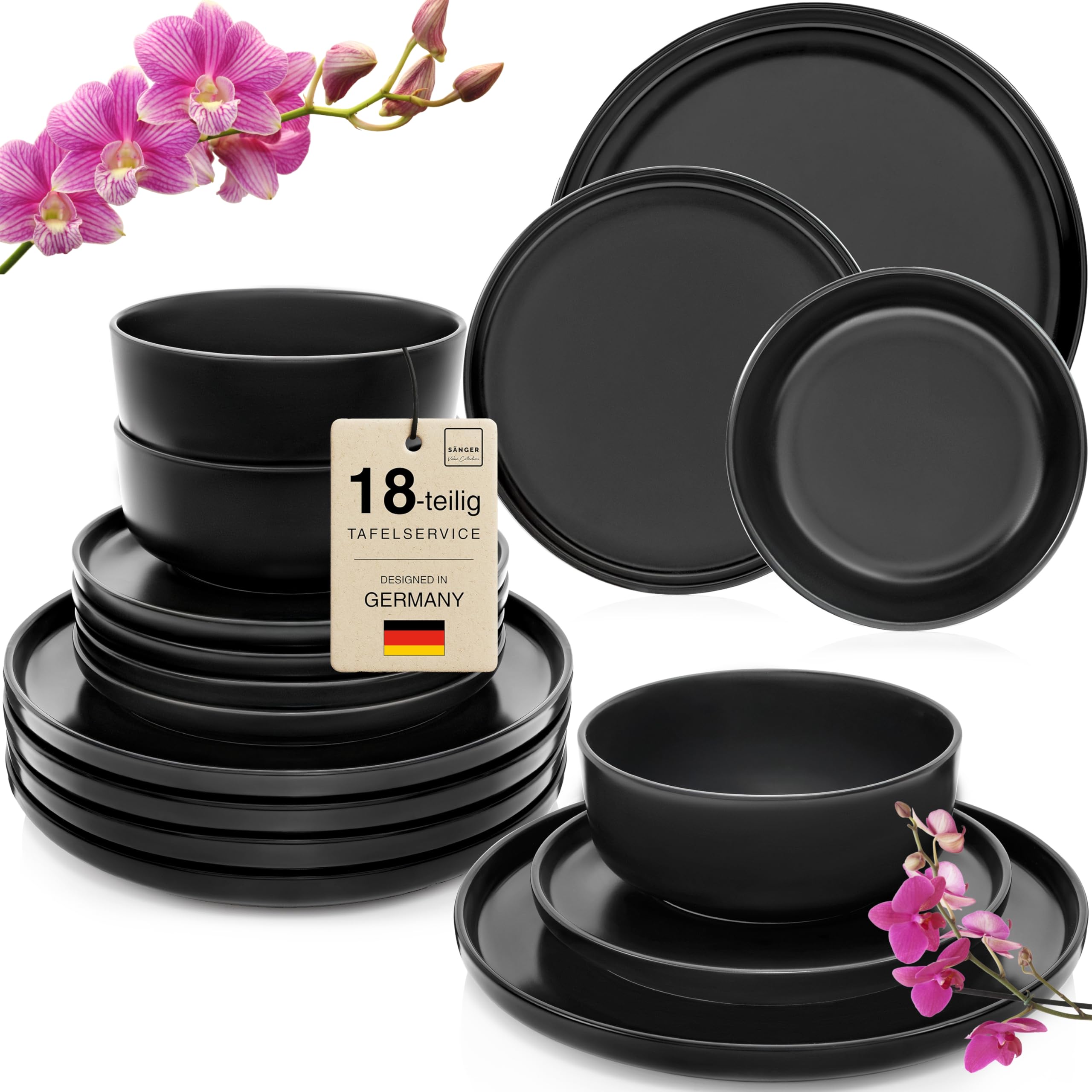 SÄNGER Madeira | Steingut Geschirr Set 18 tlg, Teller Set 6 Personen, Geschirrset 6x Speiseteller 6x Müslischalen 6x Dessertteller, Tafelservice schwarz kratzfest, Essgeschirr matt | VALUE COLLECTION