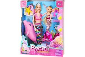 BYCICI Magical Mermaid Dolls Set for Girls 4-7 - Princess Twin Dolls with Color-Changing Purple Dolphin, Summer Outfits & Sparkling Accessories (Crown, Flip Scales, Starfish Comb) Water Play Birthday Gift