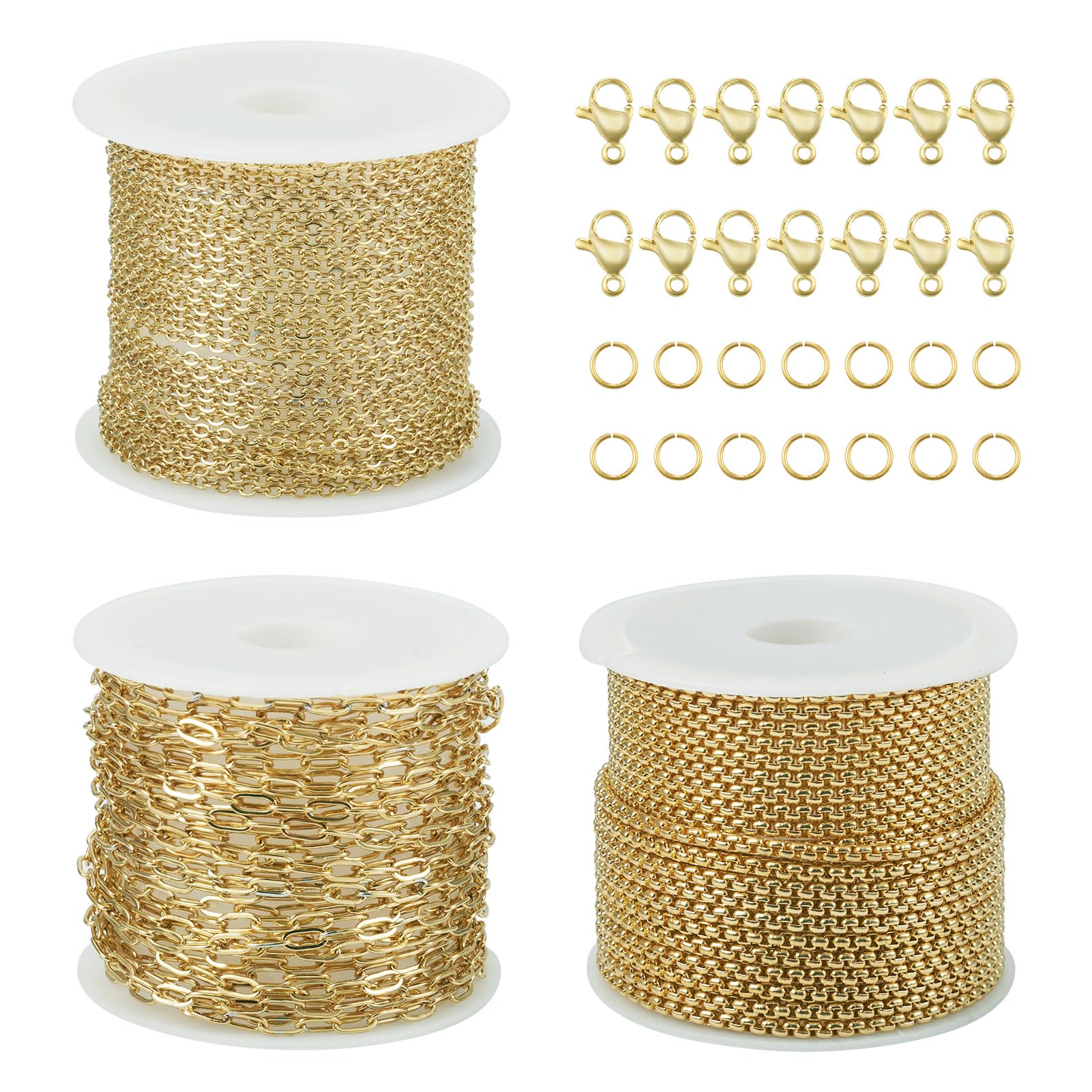 PH PandaHall 3 Rolls 304 Stainless Steel Necklace Chains Box Chain Paperclip Chains Cable Chain with Lobster Claw Clasps Jump Rings for Jewelry Making