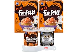 Pillsbury Funfetti Halloween Bundle, 2 Cake Mixes with Candy Bits, 1 of each Frosting with Sprinkles, Black Chocolate and Orange Vanilla (Pack of 4) with By The Cup Spreader