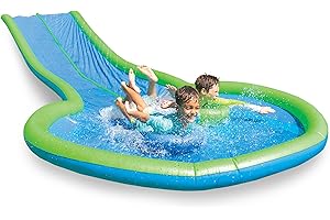 HearthSong Extra Long 25-Foot Double Lane Water Slide, Sprinkler, Splash Pool, and 2 Inflatable Speed Boards, 110 Pounds per Rider, Ages 5 and Up