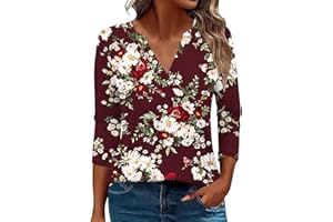 MRMAERE 3/4 Length Sleeve Womens Tops Summer Fall V Neck Floral Print T Shirts Blouses Dressy Casual 3 Quarter Sleeve Tunics