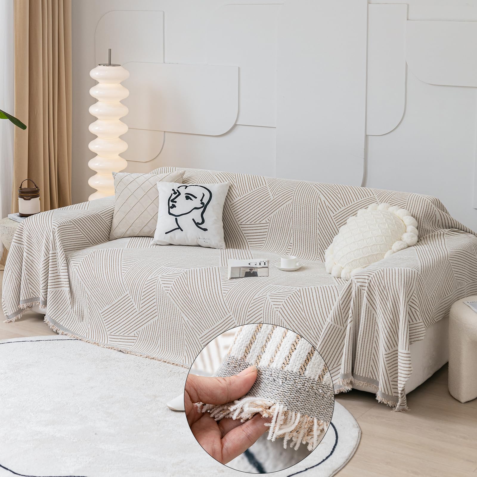 Photo 1 of HANDONTIME Chenille Couch Cover Khaki Sofa Covers Washable Geometric Reversible Beige Couch Protector for Dogs Striped Sofa Towel Sofa Slipcovers Boho Sofa Covers for 3 Cushion Couch, 71" X118"