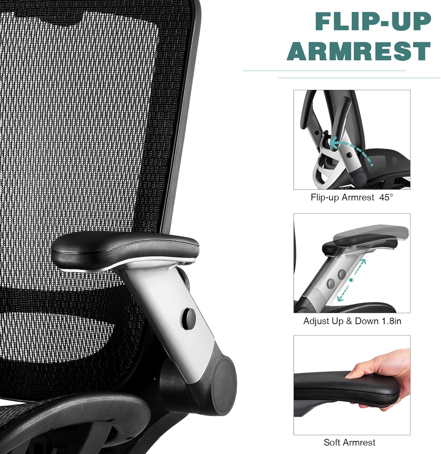 Gabrylly Ergonomic Mesh Office Chair, High Back Desk Chair - Adjustable Headrest with Flip-Up Arms, Tilt Function, Lumbar Support and PU Wheels, Swivel Computer Task Chair: Furniture & Decor