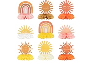G1ngtar 9Pcs Boho Sun Honeycomb Centerpieces Table Toppers Hippie Rainbow Muted Sun Table Decor First Trip Around the Sun Birthday Party Decoration Baby Shower Supplies for Baby Boys Girls