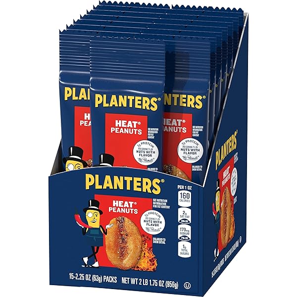 PLANTERS HEAT PEANUTS, SPICY NUTS, SPICY SNACK, SNACKS FOR ADULTS, PARTY SNACKS, PLANT-BASED PROTEIN, SNACKING NUTS, SNACKS ON THE GO, KOSHER, 2.25OZ BAGS (15 PACK)
