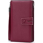 Bveyzi Women's Big Fat Rfid Leather Wristlet Wallet Organizer Large Phone Checkbook Holder with Zipper Pocket (Wine Red)
