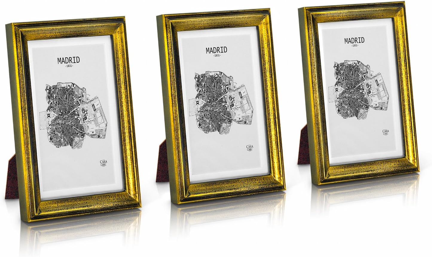 Antic by Casa Chic Solid Wood Shabby Chic Photo Frame 5x7 inch Frame Glass Front With Picture Mount for 6x4 inch Photo Pack of 3 Frames 2 Centimetre Edge Width Gold