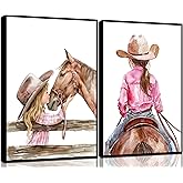 XXOUYLQ 2PCS Cowgirl Nursery Wall Art girl and horse Poster Girl kissing horse Pictures Painting Canvas Decor American Western style prints Wall Decor animal Posters for Baby Bedroom unframed