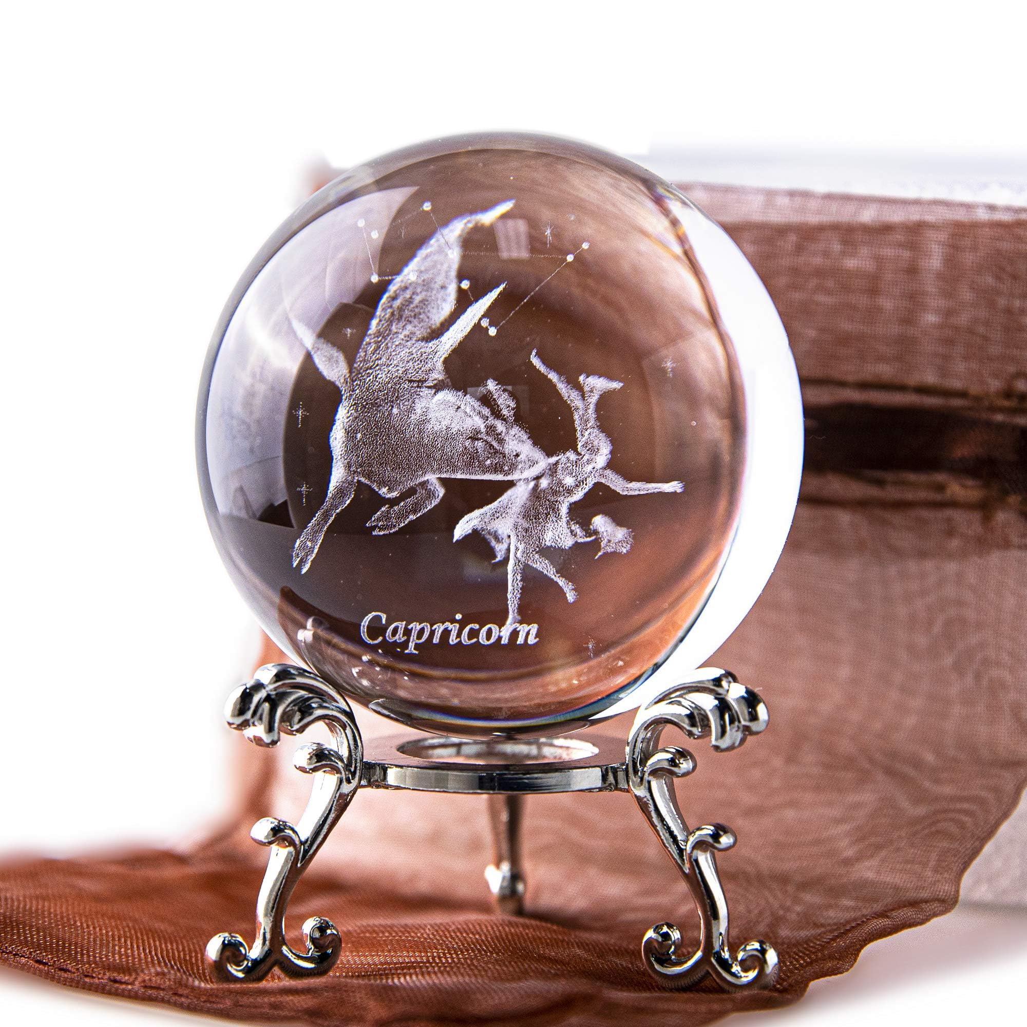 HDCRYSTALGIFTS 60mm 3D Constellation Crystal Ball Figurine Gifts for Women Men Glass Laser Engraved Capricorn Crystal Ball with Stand Paperweights Glass Sphere Ball Ornaments Decor Gifts for Lovers
