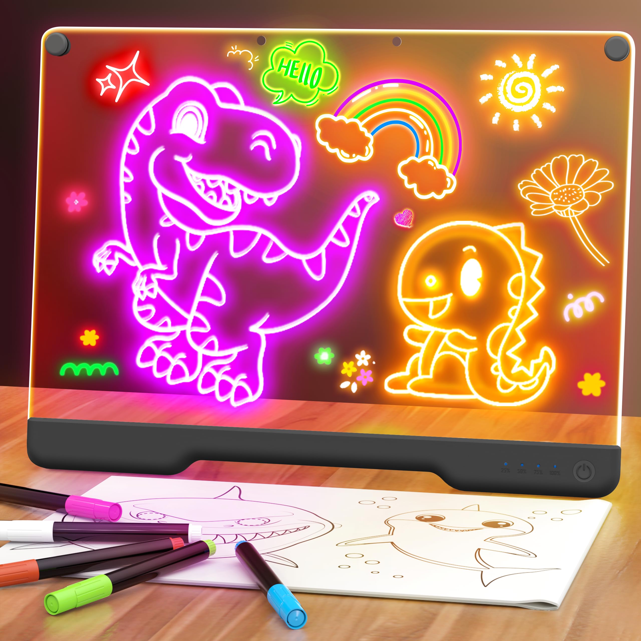 Photo 1 of 16-Inch Rechargeable Doodle Glow LED Note Board, 7-Color Light Modes, Neon Art Dry Erase Light Up Drawing Pad with Built-in Stand, Sketching Gift Toy for Kids/Girls/Teens, 5 Markers & Tracing Book