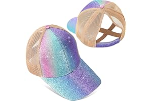 BROMZ Girls Glitter Baseball Cap Criss Cross Ponytail Hat Adjustable High Messy Bun Ponycap Kids Trucker Hat for 4-12 Years