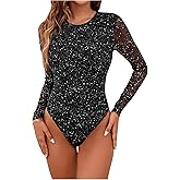 Floerns Women's Glitter Mesh Long Sleeve Bodysuit Christmas Going Tops Body Suit