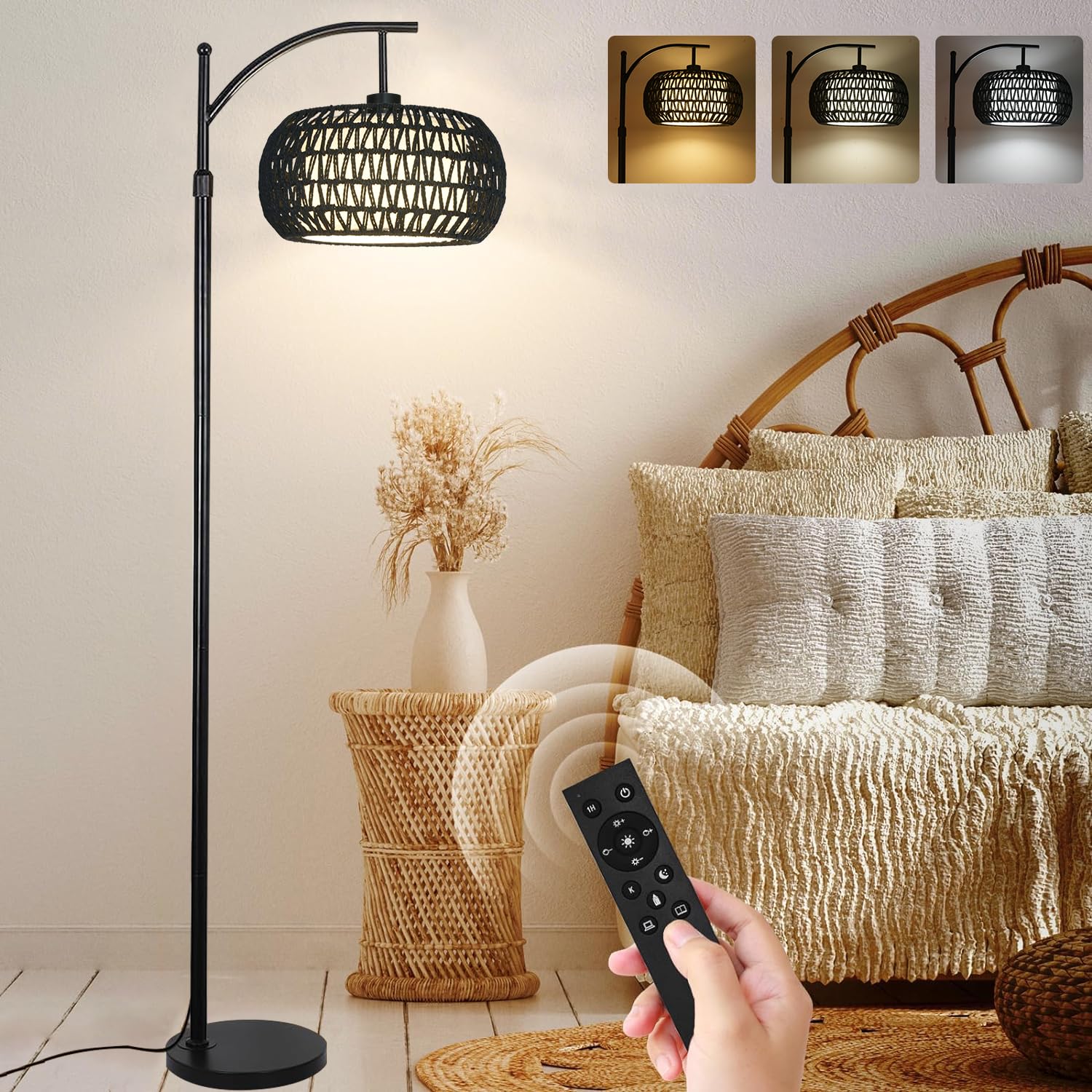 Photo 1 of ZECOXOL Arc Floor Lamp with 3 Color Temperatures,Black Floor Lamp with Remote Control, Boho Standing Lamp with Rattan Wicker Shades, Farmhouse Tall Pole Lamp for Living Room Bedroom