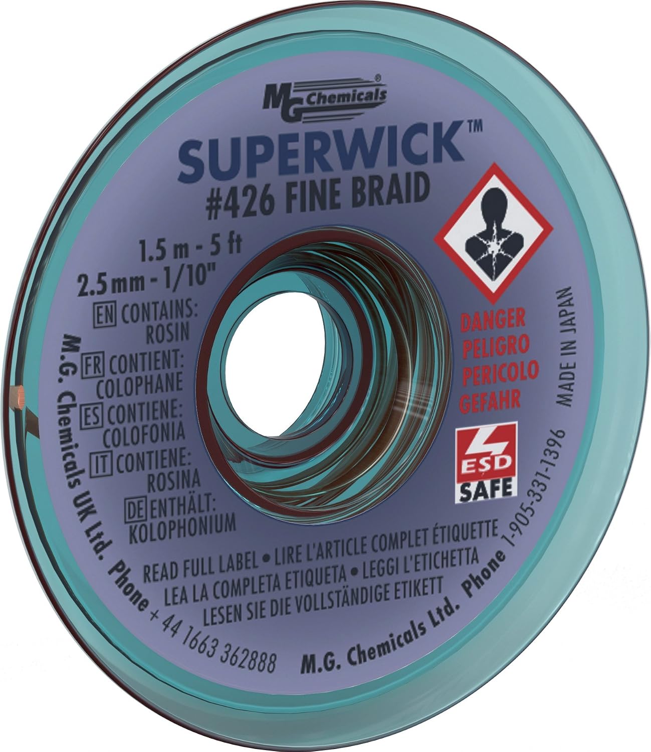 MG Chemicals Desoldering Braid #4 Fine Braid Super Wick with RMA Flux, 5' Length x 0.1" Width, Blue