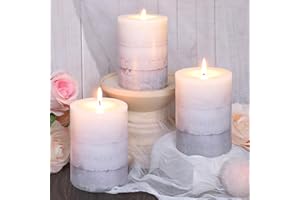 FLAVCHARM Set of 3 Scented Pillar Candles Creamy Coconut Scented 3" x 4" Long-Lasting Burn Candle White Gray Palette Pillar Candle Clean Burning No Drip Candles Gift for Home Party Dinner Table Decor