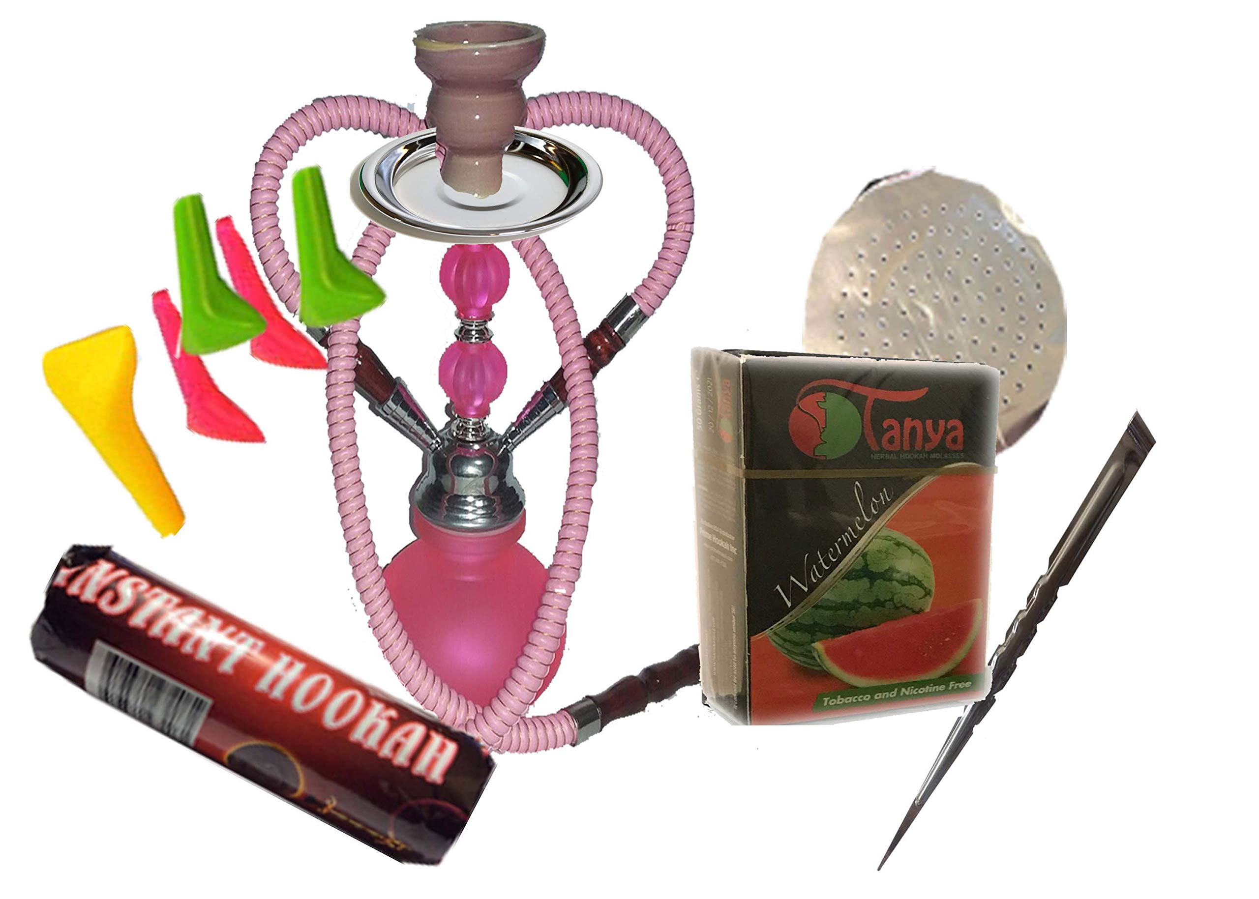2 Hose Hookah Neon, Two Styles -12" Height, Cute Shape only Assorted 1 Hookah 25 foil Paper - Charcoal roll, 5 Mouth Tips, Tong and Flavor (Style 1, Pink and Watermelon)