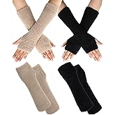 Geyoga 2 Pairs Arm Warmers for Women Long Fingerless Gloves Winter Fluffy Gloves Wrist Warmer with Thumb Hole