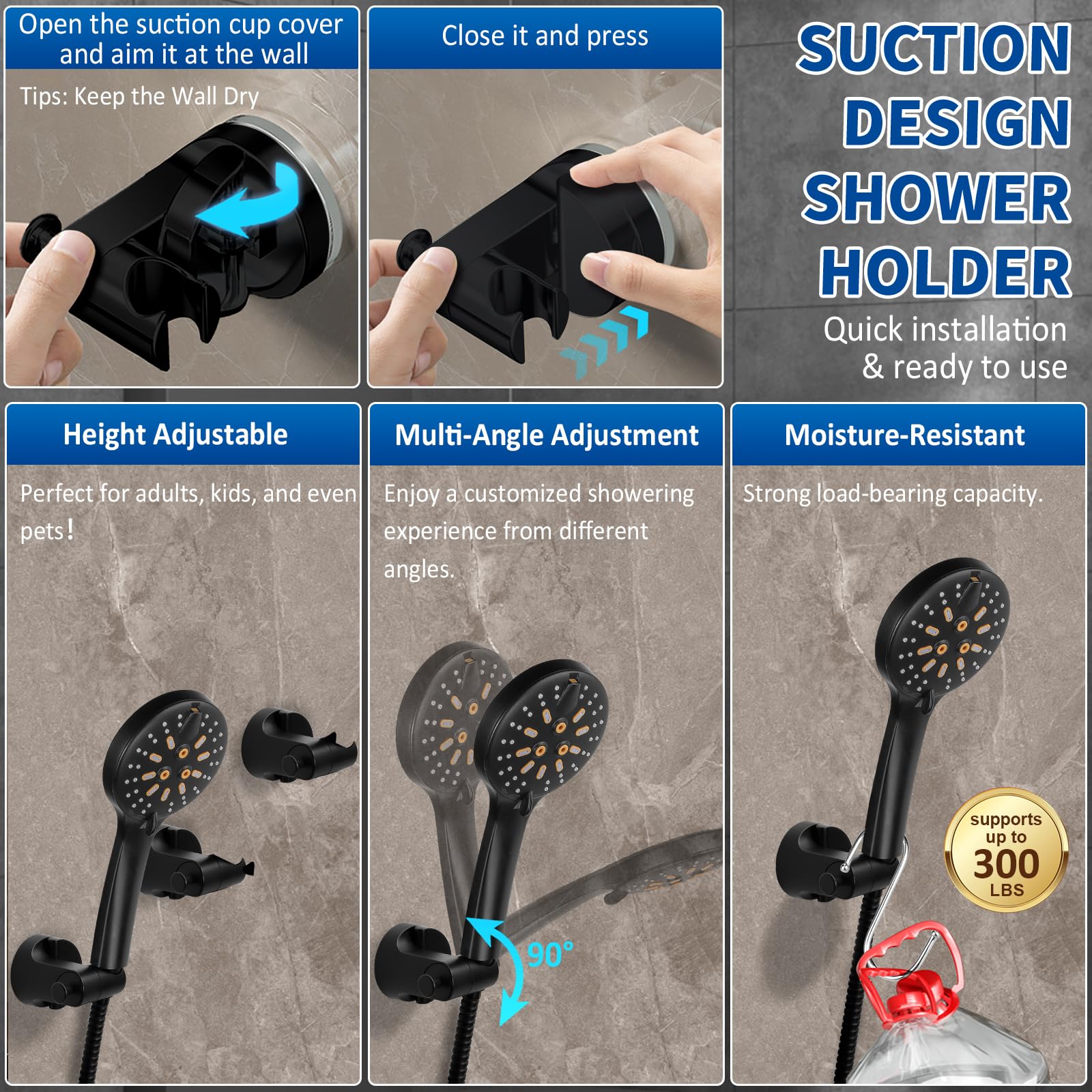 Luxsego Dual Rain Shower Head with Handheld Spray Combo, 8.8 Inch High Pressure Showerheads Built-in Power Wash with 7 Spray Modes & Anti-Clog Nozzles, Easy Install Shower System for Hard Water, Black
