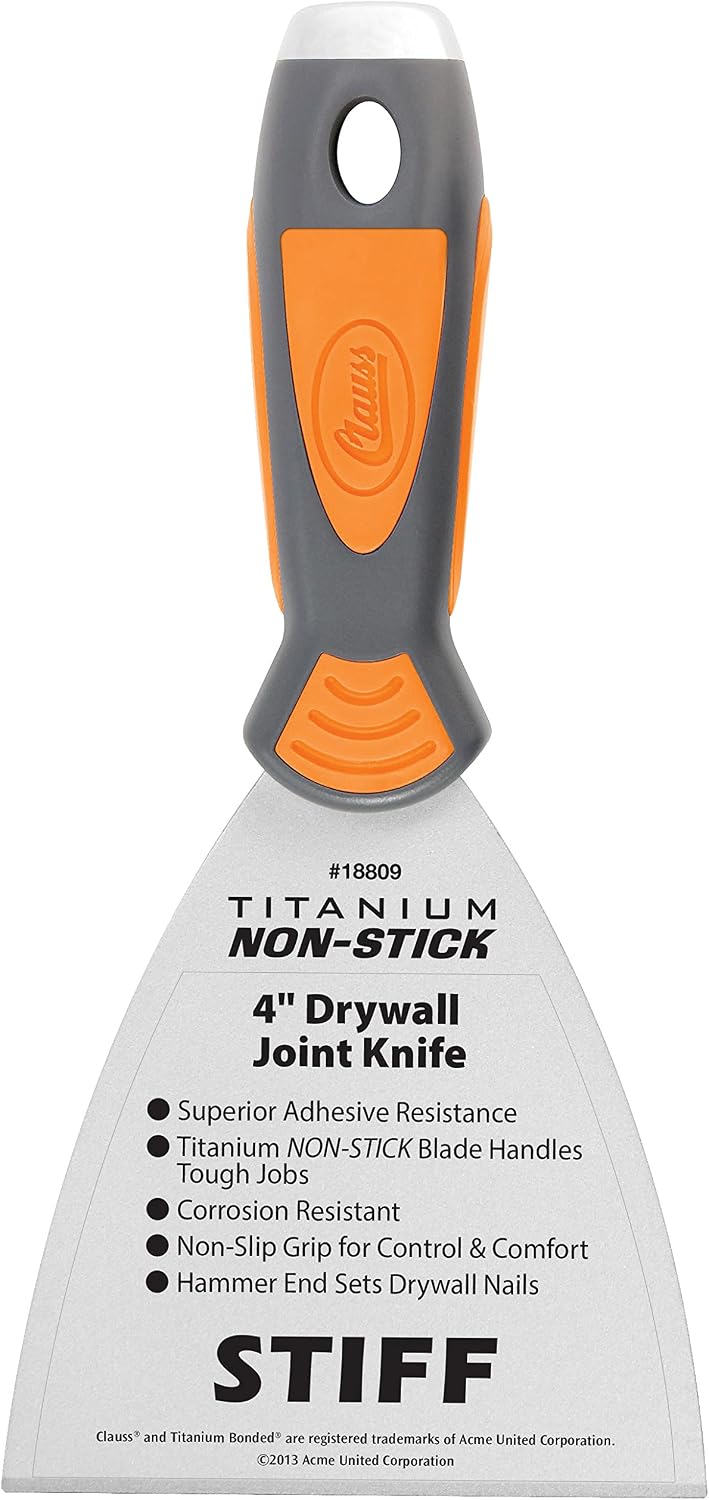 Clauss 18809 4-Inch Titanium Non-Stick Stiff Drywall Joint Knife - Grey/Yellow