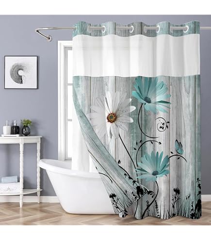 LXBNI Rideau de douche long à rayures ombrées grises et blanches sans crochet avec doublure à clipser – Ensemble de rideau de douche d'hôtel et doublure avec fenêtre supérieure en maille transparente