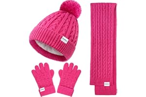 GOXRUNX Kids Winter Hat Gloves Scarf Set, Girls Boys Winter Beanie Hat Mittens Scarf Knit Set with Thick Fleece Lined for Children