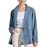 Allegra K Women's Denim Jacket Long Sleeve Button Down Pockets Casual Work Office Oversized Jean Jackets