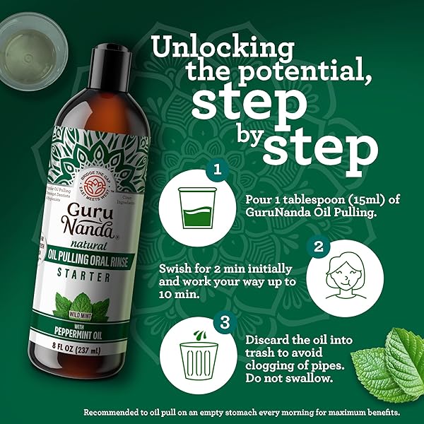 GURUNANDA STARTER PULLING OIL MOUTHWASH FOR NATURAL TEETH WHITENING, COCONUT AND PEPPERMINT OIL FOR FRESH BREATH & HAPPY GUMS, WITH TOOTHBRUSH & TONGUE SCRAPER, ALCOHOL-FREE, 8 OZ