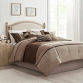 Madison Park Palisades Comforter Set Modern Faux Suede Pieced Stripe Design, All Season Down Alternative Cozy Bedding with Matching Shams, Decorative Pillows, King(104"x92"), Brown 7 Piece