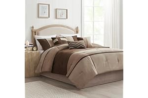 Madison Park Palisades Comforter Set Modern Faux Suede Pieced Stripe Design, All Season Down Alternative Cozy Bedding with Matching Shams, Decorative Pillows, Queen(90"x90"), Brown 7 Piece