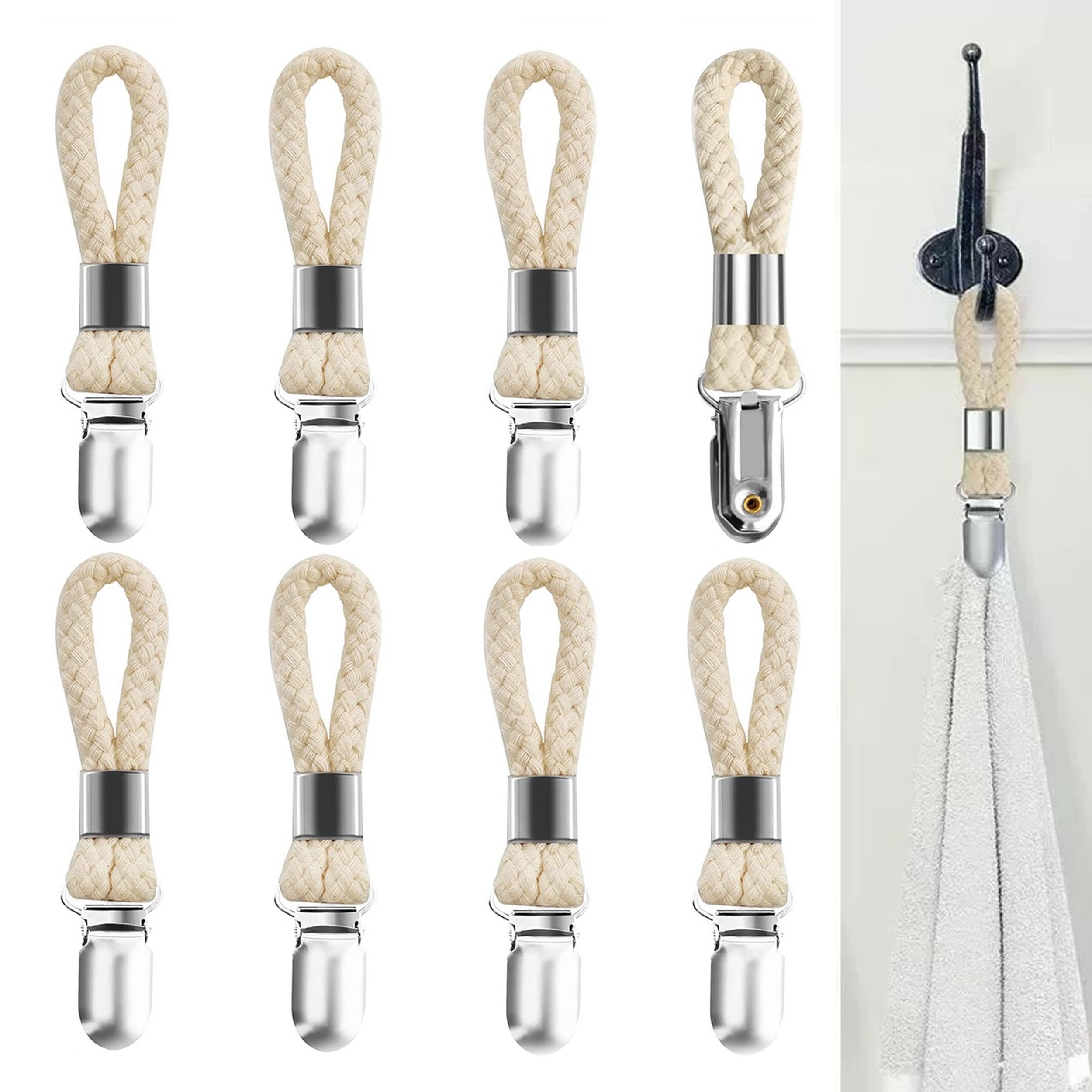 Sturdy Hanging Clips Tea Towel Holders, 8 PCS Towel Clips, Metal Tea Towel Hooks with Woven Cotton Hanging Tea Towels Clip for Home Kitchen Bathroom Cupboards Cloth Hanger Holder Loop