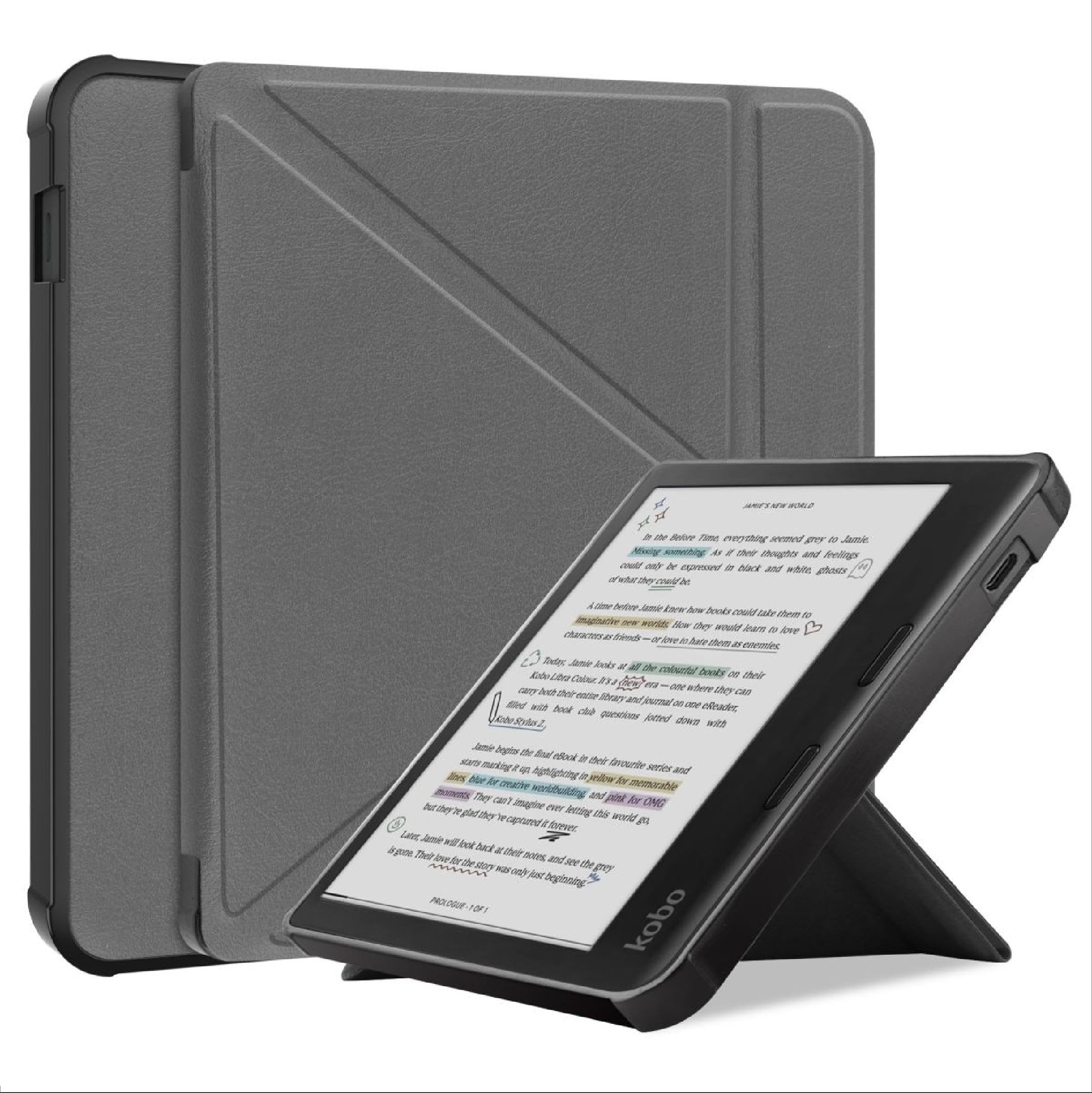 GIOPUEY Flip Case Compatible with Kobo Libra Colour, PU Leather Cover [Soft silicone back cover] With Stand Function, skin-like texture - grey