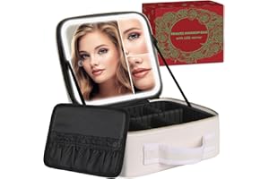 MAYFIY Makeup Bag with LED Mirror, Makeup Organizer Train Case with 1X,2X,3X Vanity Mirror, Adjustable Brightness in 3 Color Settings, Portable Make up Bag with Brush Holder & Storage Dividers, White