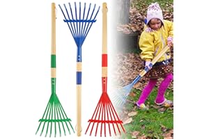 3Pcs Kids Rakes with Hardwood Handle - Metal Kids Leaves Rakes, 28" Child Size Lawn Rakes, Garden Tool Set for Kids Boys and 
