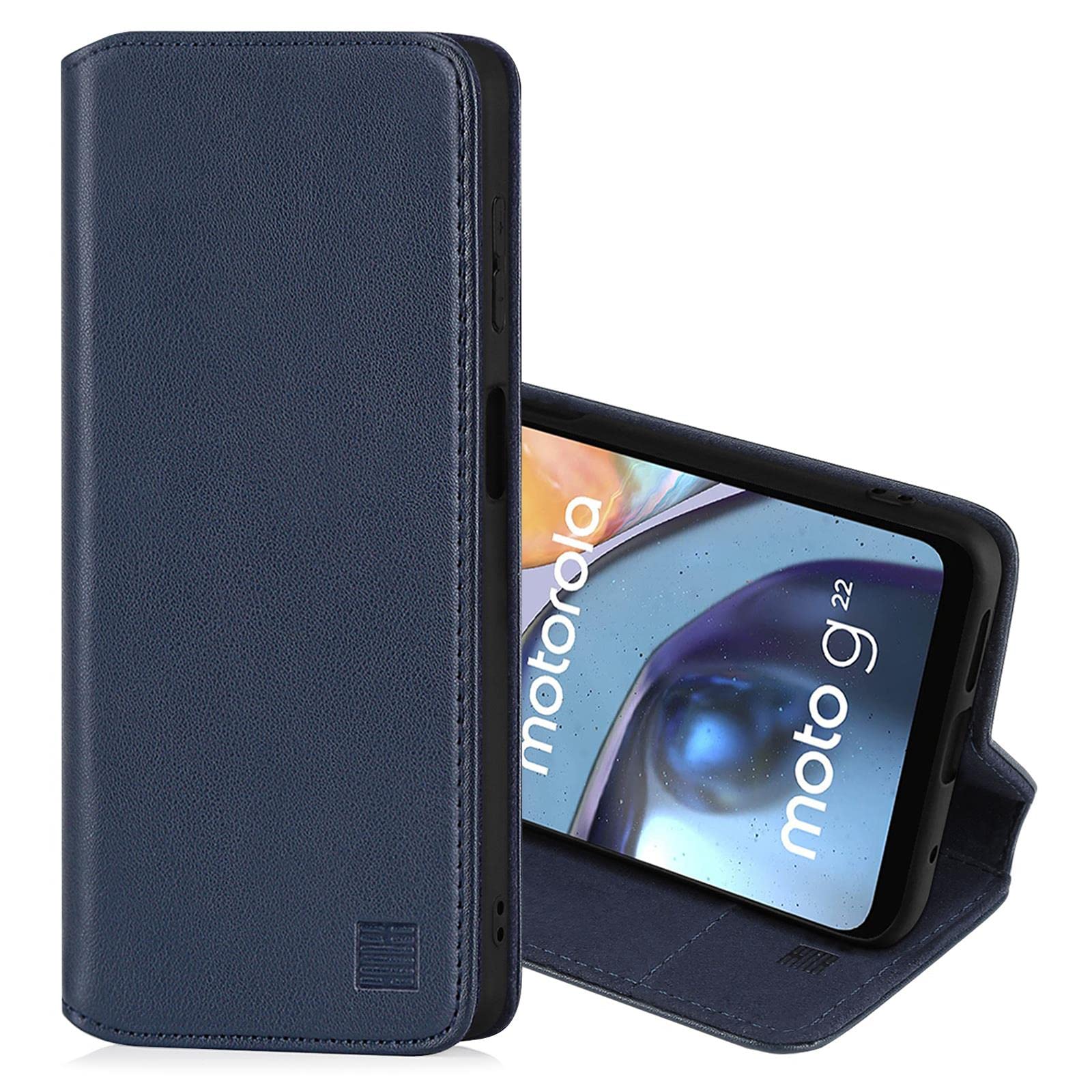 32nd Classic Series 2.0 - Real Leather Book Wallet Flip Case Cover For Motorola Moto G22, Real Leather Design With Card Slot, Magnetic Closure and Built In Stand - Navy Blue