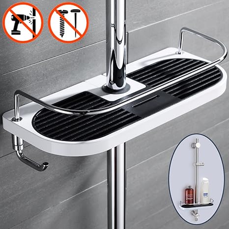 Duschstangen Ablage für Shampoo, Conditioner, Seife, Ohne Zu Bohren,Weiß und schwarz, (ABS-Körper und Edelstahl-Leitplanke)