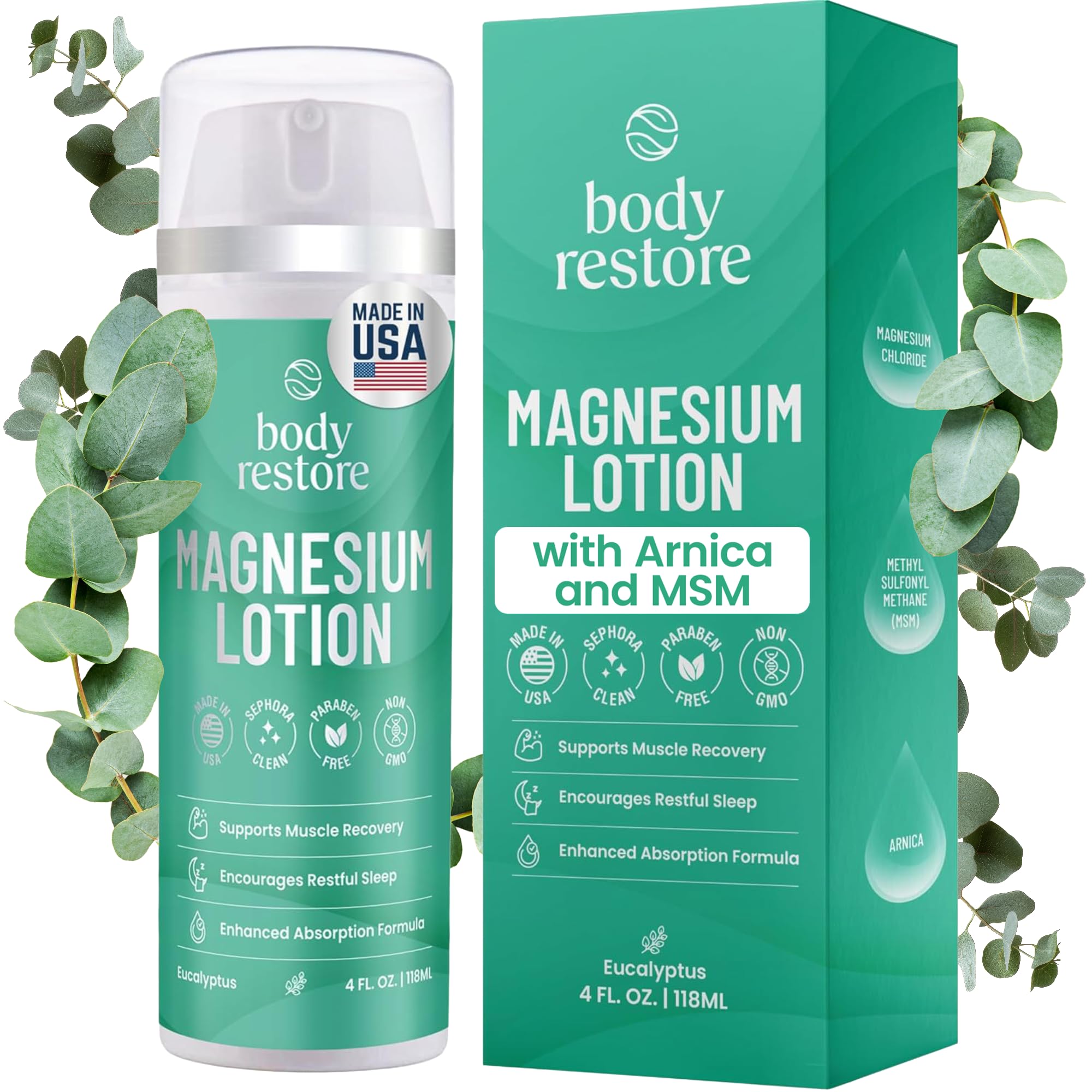 Photo 1 of Body Restore Magnesium Lotion with Arnica & MSM - Christmas Stocking Stuffers, White Elephant, Sleep Support, Muscle & Joint Relief, Birthday Gifts for Women, Men, Travel Essentials - Eucalyptus