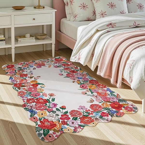 WONNITAR WASHABLE RED CAMELLIA FLORAL AREA RUGS 5X7, NON-SLIP BOHO RUGS FOR LIVING ROOM, SOFT SCALLOPED FLOWER FLOOR CARPET RUGS FOR BEDROOM KIDS NURSERY DORM DECOR (RED,5’X7′)