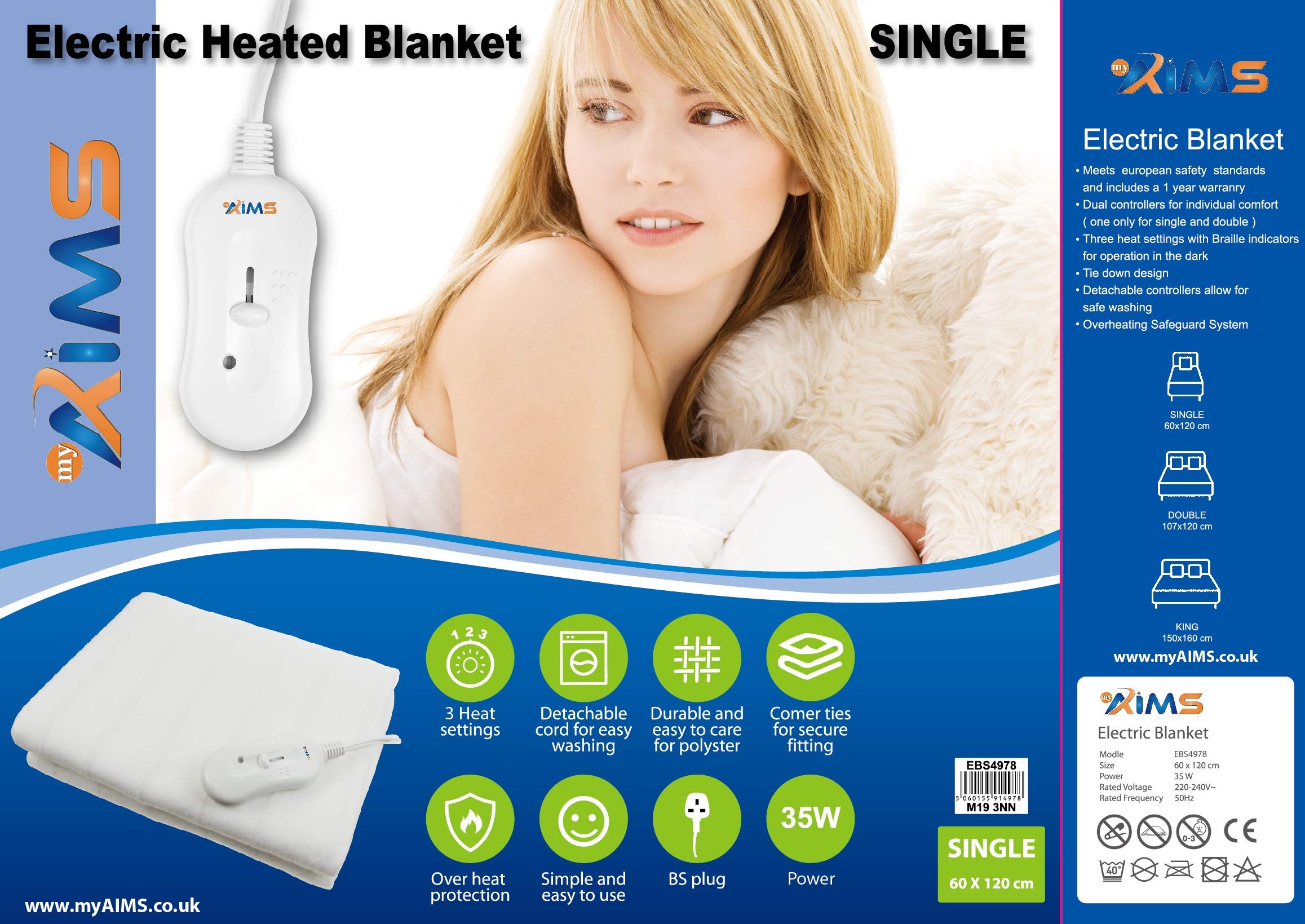 Aims Electric Blanket Single Heated Under Bed Comfort Detachable Controller With 3 Heat Settings, Polyester, White Super Cosy Washable Fleece Heated Blanket Throws Pad, Coverlet,Mantle