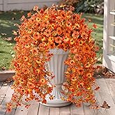 Hommyea Artificial Fall Fake Flowers for Outdoor, 2 Pcs Fake Mums Faux Hanging Flowers Outdoor Fall Decor, UV Resistant Silk Flower for Front Door Porch Planters Patio Yard Garden(Orange Sunset Red)