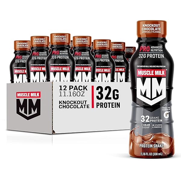 MUSCLE MILK PRO ADVANCED NUTRITION PROTEIN SHAKE, KNOCKOUT CHOCOLATE, 11.16 FL OZ (PACK OF 12), 32G PROTEIN, 1G SUGAR, 16 VITAMINS & MINERALS, 5G FIBER, WORKOUT RECOVERY, ENERGIZING SNACK, PACKAGING MAY VARY