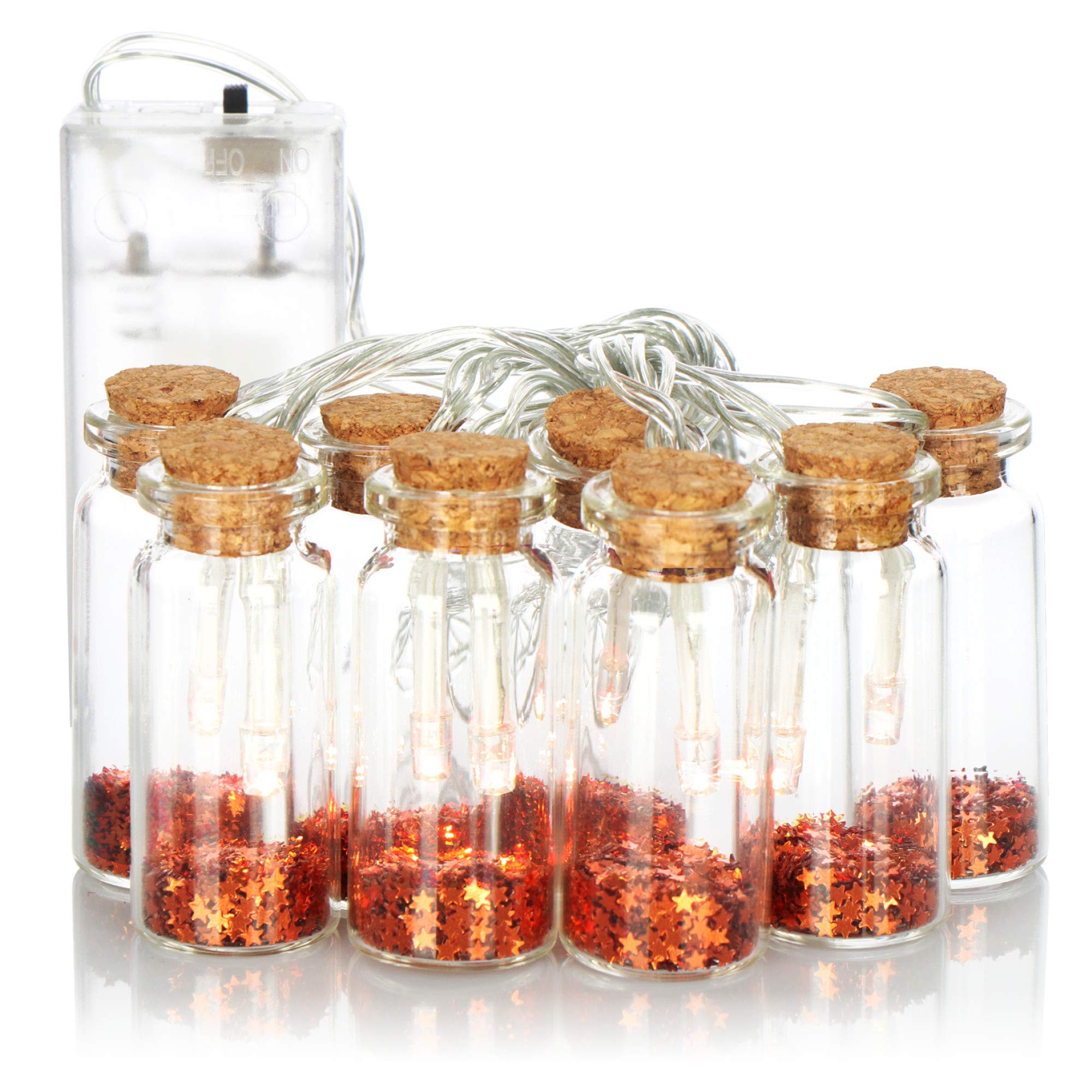 com-four® LED Light Chain with 8 Decorative Glass Bottles with Cork Closure - Decorative Battery-Operated Light Chains for Indoors - Colorful Stars (Bronze Colored)